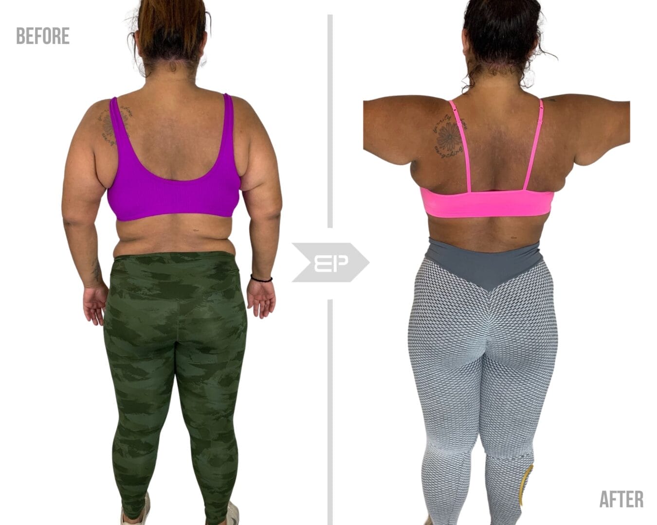 Woman body pictures before and after from back, training results