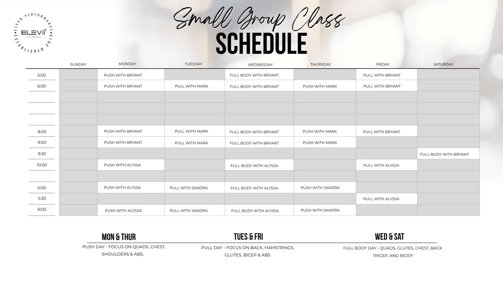 Small Group Training class schedule at Elev8 Performance